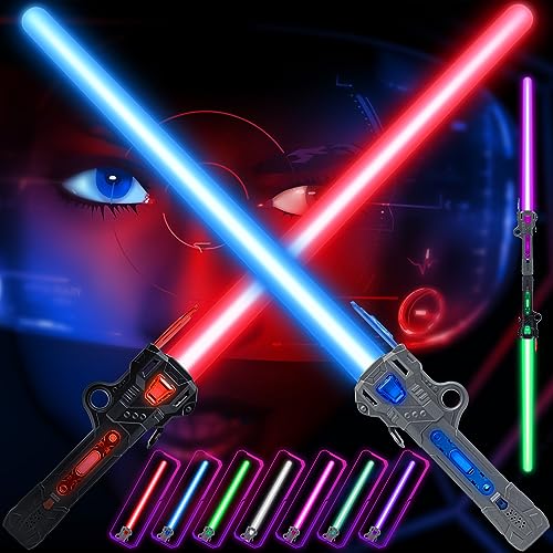ANNDOFY Light Up Saber for Kids, Dual Light Sword RGB 7 Colors Changeable with 3 Modes FX Sound, Expandable LED Dual Swords Set for Galaxy War Fighter Warriors, Halloween Cosplay(2 Pack)
