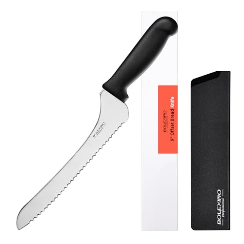 BOLEXINO 9 Inch Offset Serrated Bread Knife Wide Wavy Edge knife, High Carbon Stainless Steel Multi-Purpose Kitchen Knife for Homemade Bread, Crusty Breads, Cake, Bagel