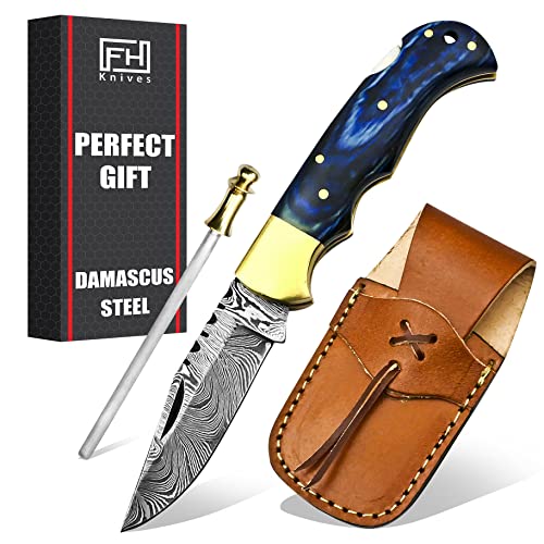 FH KNIVES 6.5" Handmade Damascus pocket knife for men Folding knife with sheath for Outdoor, Camping, Hiking Unique Gift for Husband, Boyfriend