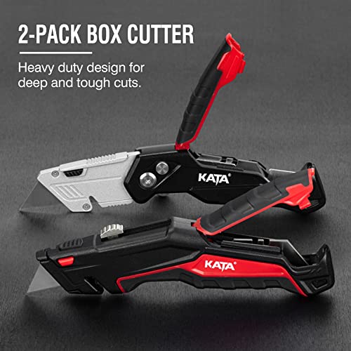 KATA 2Pack Utility Knife Box Cutter Retractable Folding Razor Knife Set Heavy Dudy Safety Cutter, 10pcs SK5 Sharp Blades Included, Red - Image 3
