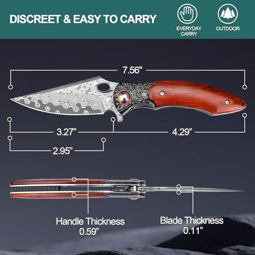 Zingbee Damascus Pocket Knife, 3.27” Damascus Blade EDC Folding Knives with Guibourtia Wooden Handle, Christmas Ideal for Utility Gift - Image 3