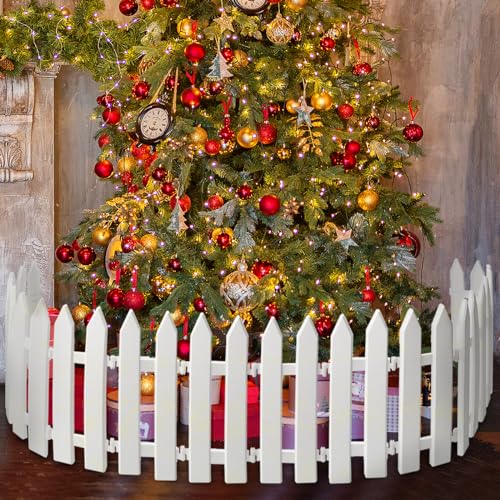 28PCS Christmas Tree Fence Plastic Picket Fence Decoration White with Gold Glitter Heavy Duty Anti-Fall Indoor Outdoor Grass Lawn Decoration
