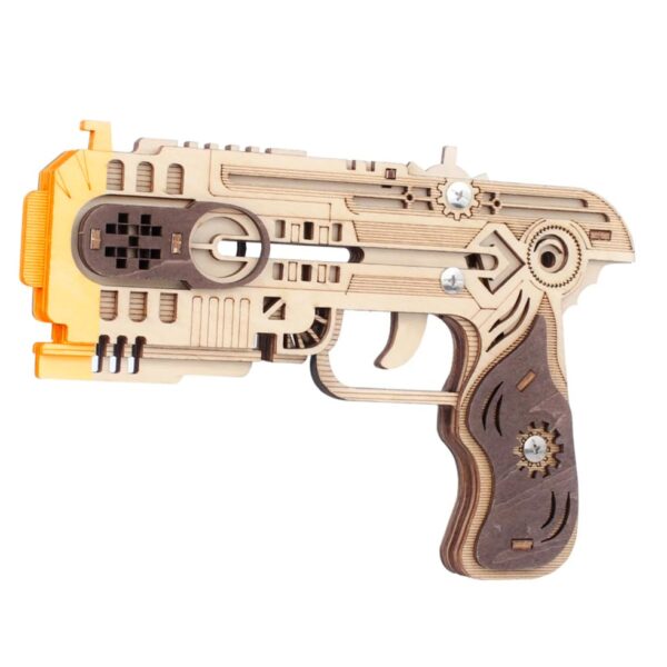 3D Wooden Rubber Band GunAdult Puzzle Model TSZH010 Named as a Space Gun. Comes with a Pack of Rubber Bands and Small Targets