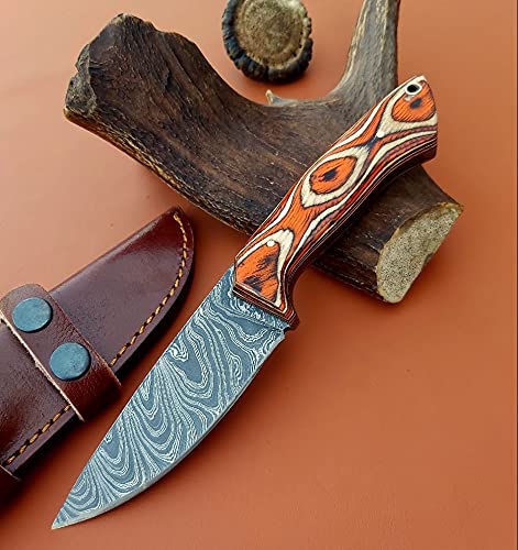 JNR Traders Damascus Hunting Knife With Sheath, Full Tang Fixed Blade Damascus Skinning Knife Horizontal Sheath Perfect Grip Jnr-3597