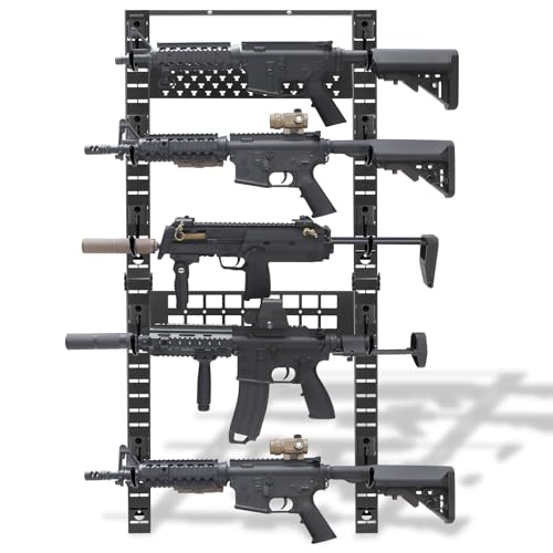 OneTigris Gun Rack Wall Mount, Hold Up 100lbs Indoor Gun Rack for Wall Mount Horizontal Wall Gun Rack with 14 Hooks Indoor Floor for Helmet Vest Belt Police Gear, 21.9"*44.2" Large Black
