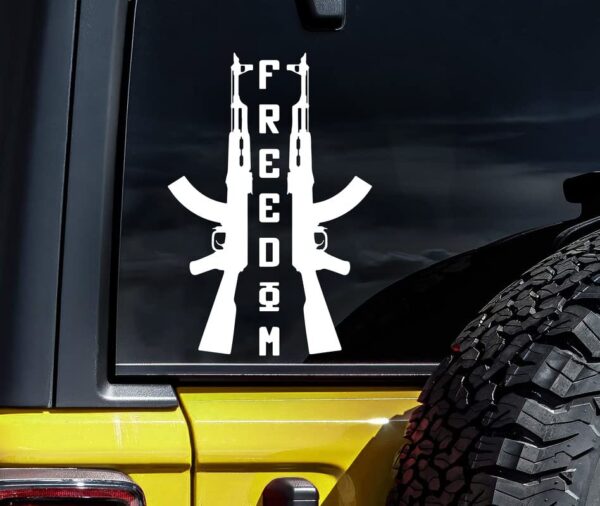 Sticky Bomb AK47 Freedom Gun Lover 2nd Amendment USA Vinyl Sticker Decal Vinyl Decal Sticker Premium Quality Vinyl White For Car Bumper Truck Van SUV Window Wall Boat Cup Tumblers Laptop or Any Smooth Surface Size 6x4 Inches