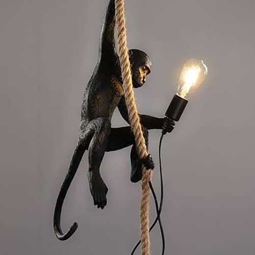 TFCFL Monkey Pendant Light Vintage Resin Hemp Rope Monkey Chandelier Edison Ceiling Pendant Lamp Fixture E27 for Dining Living Room Bedroom Bar Cafe Decorative Hanging Monkey Lamp (Black)