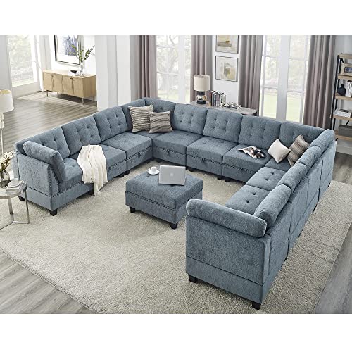 142" Sectional Sofa Couch for Living Room Large U-Shaped Sofa Couch Modular Convertible Sectional Couch with Storage for Home & Office Navy Blue