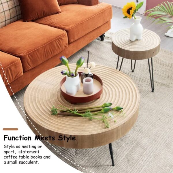 2-Piece Modern Farmhouse Living Room Coffee Table Set, Nesting Table Round Natural Finish with Handcrafted Wood Ring Motif, Wood Colour - Image 3