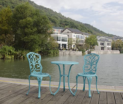 D&F Design Outdoor All- Weather 3-Piece Cast Bistro Set, Patio Bistro Table Sets with 2 Chairs and 1 Round Table with Umbrella Hole for Porch, Lawn, Garden, Backyard