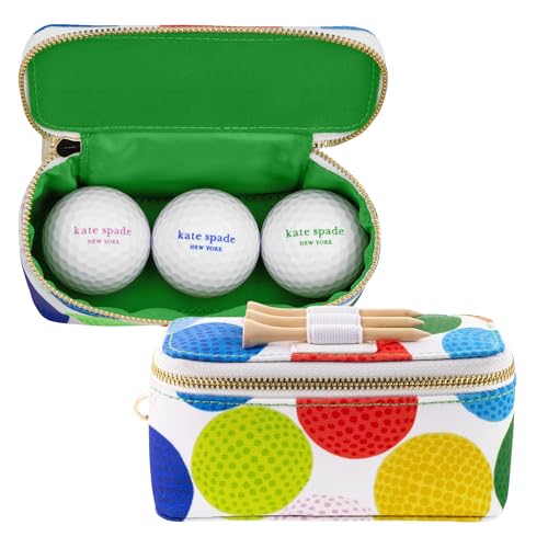 Kate Spade New York Women’s Golf Set, Includes 3 Wooden Golf Tees & 3 Balls with Zipper Pouch, Gold Clasp Secures to Bag, Golfball Pattern Mini Golf