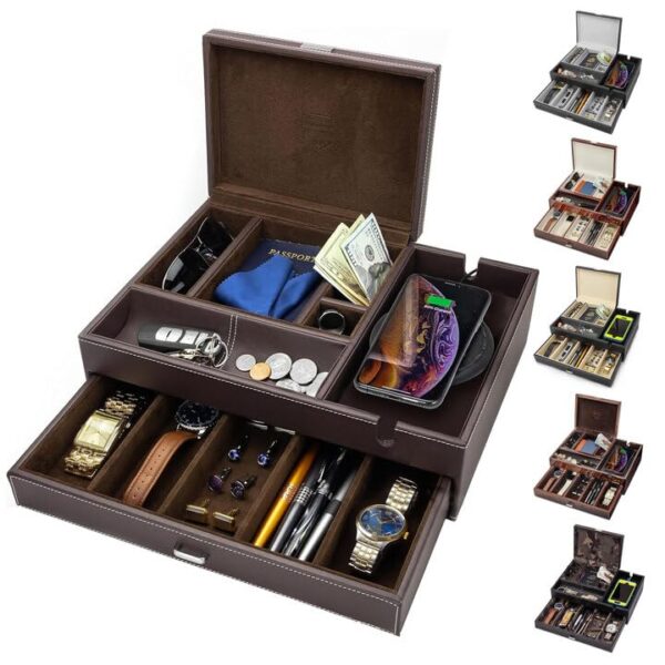 Mens Watch Box Leather Valet Tray - Bedside Table Organizer, Men's Jewelry Box, Watch Case for Men with Large Smartphone Charging Station - Jewelry Box for Men with Valet Box and Nightstand Organizer