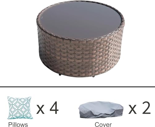 OC Orange-Casual Patio Coffee Table, Indoor/Outdoor Round Table with Tempered Glass, Brown Wicker, (4 Pillows, 1 Furniture Cover Included) - Image 3