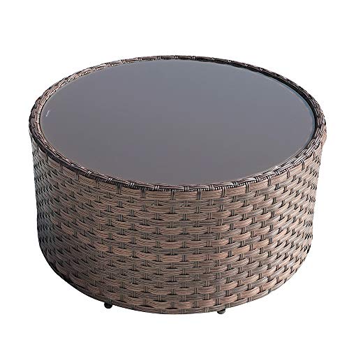 OC Orange-Casual Patio Coffee Table, Indoor/Outdoor Round Table with Tempered Glass, Brown Wicker, (4 Pillows, 1 Furniture Cover Included)